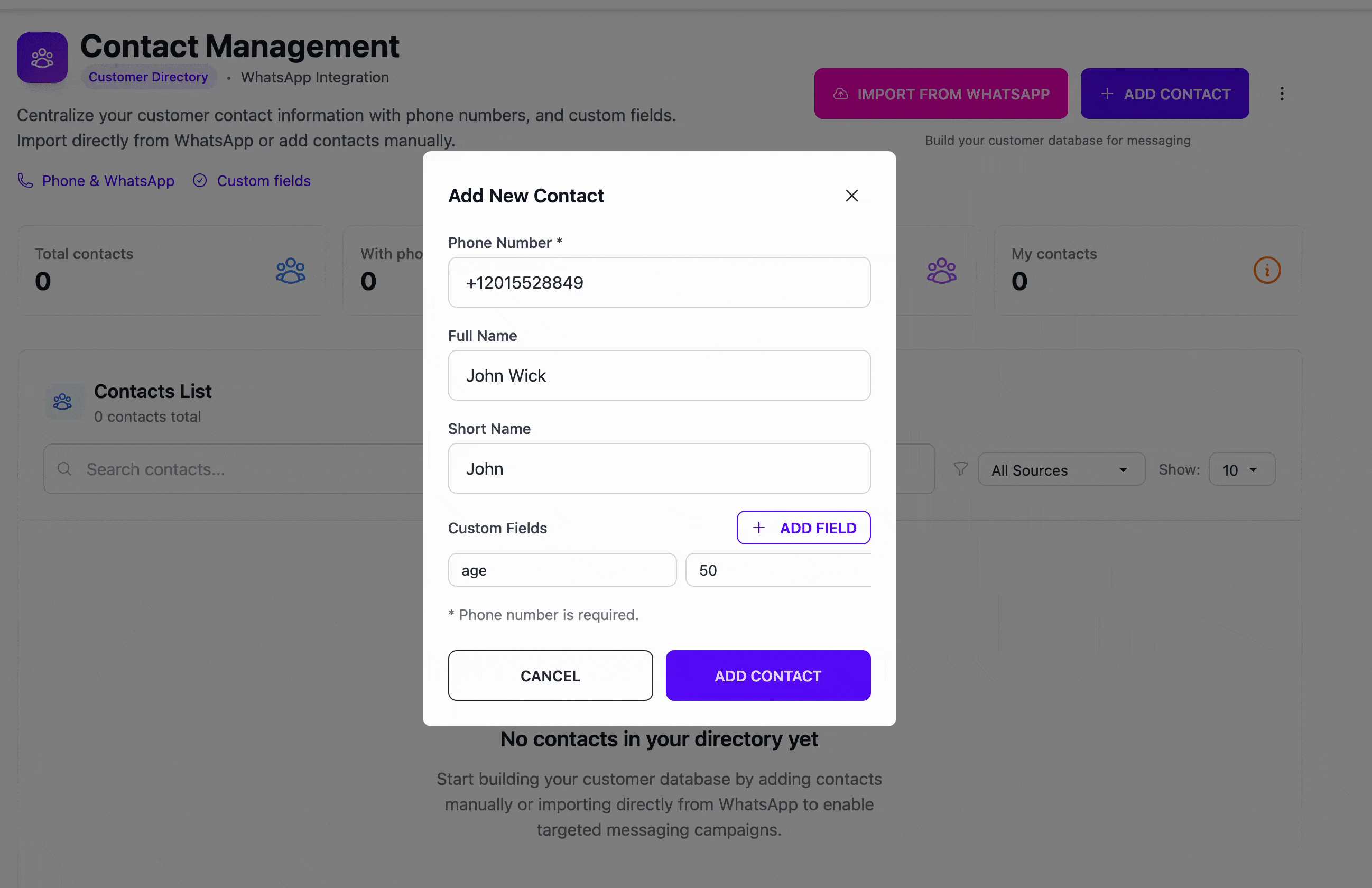 Adding a new contact